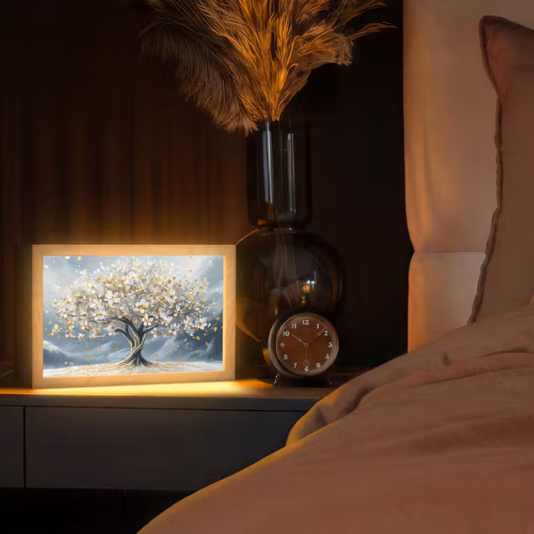 Boom - Winter - Levensboom - Modern - Goud Light Box met kabel (Tafellamp) klein -sfeer1