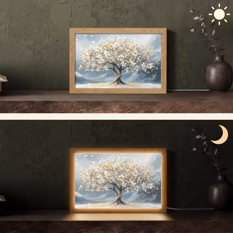 Boom - Winter - Levensboom - Modern - Goud Light Box met kabel (Tafellamp) klein -sfeer3