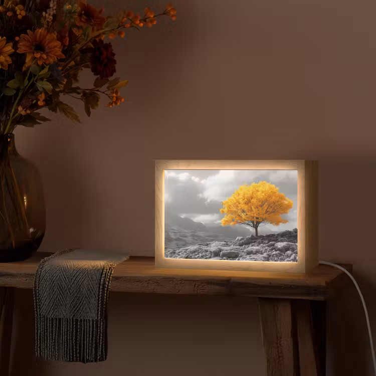 Boom - Geel - Natuur - Zwart wit Light Box met kabel (Tafellamp) klein -sfeer4