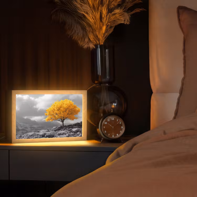Boom - Geel - Natuur - Zwart wit Light Box met kabel (Tafellamp) klein -sfeer1