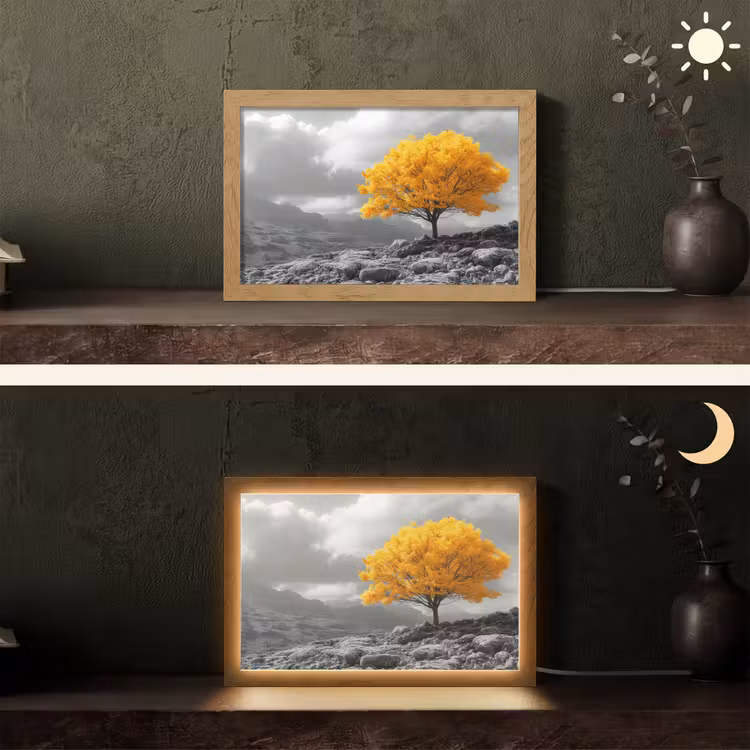 Boom - Geel - Natuur - Zwart wit Light Box met kabel (Tafellamp) klein -sfeer3