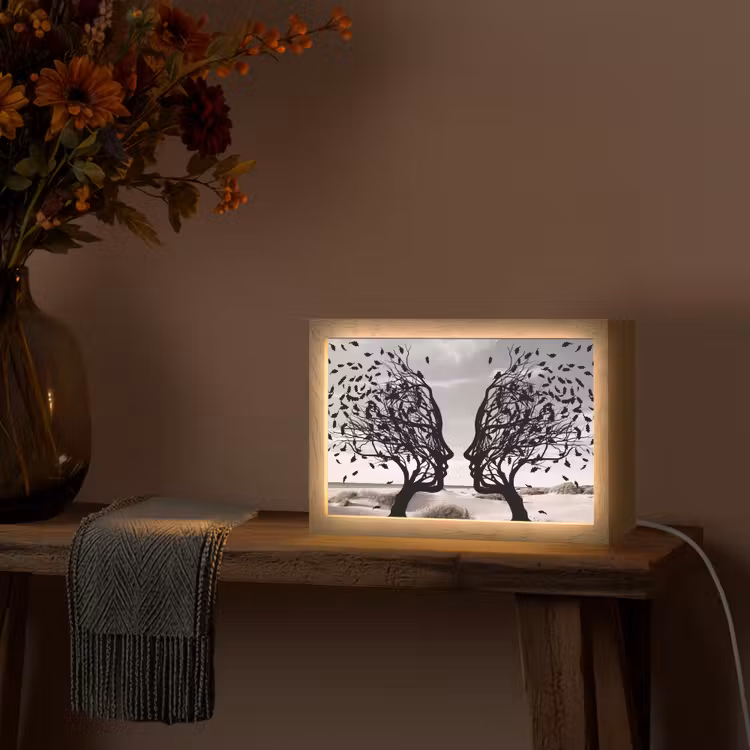 Bomen - Gezicht - Bladeren - Moderne kunst Light Box met kabel (Tafellamp) klein -sfeer4