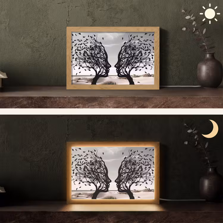 Bomen - Gezicht - Bladeren - Moderne kunst Light Box met kabel (Tafellamp) klein -sfeer3