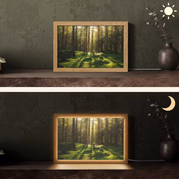 Bomen - Bos - Mos - Planten - Zon - Natuur Light Box met kabel (Tafellamp) klein -sfeer3