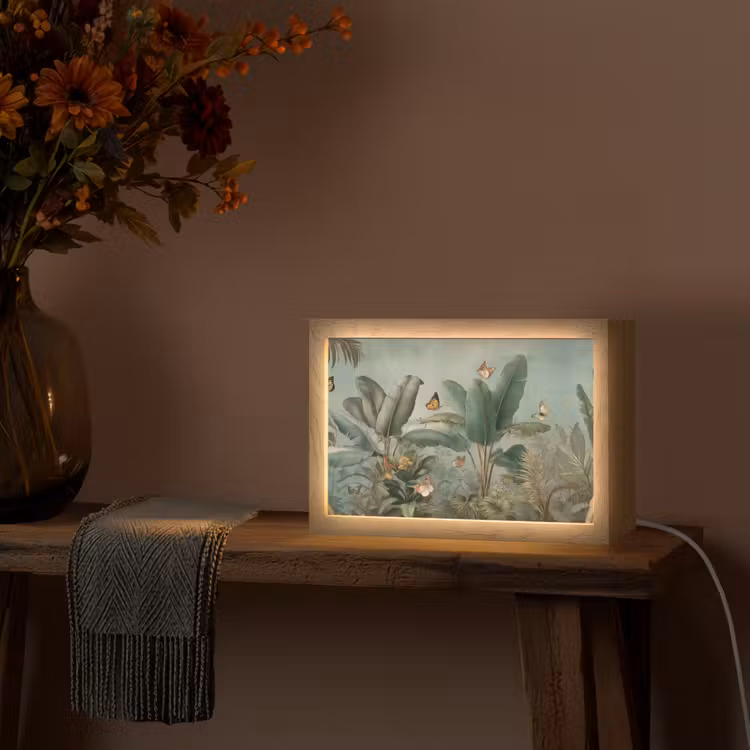 Tropisch bladerdek - Vlinders - groen - Bruin Light Box met kabel (Tafellamp) klein -sfeer4