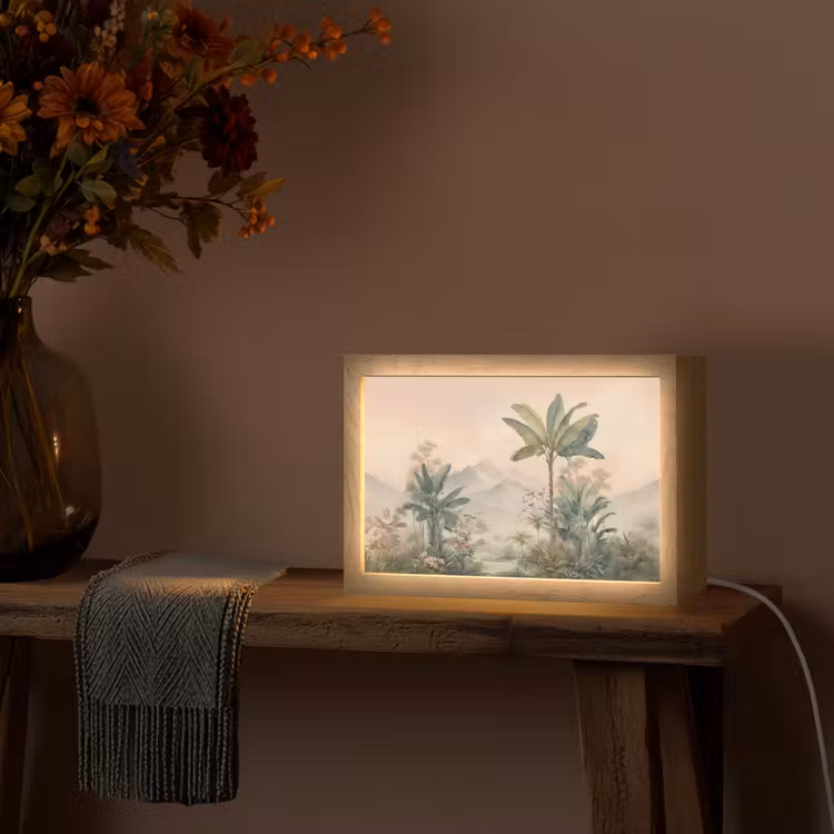 Tropisch landschap - palmbomen - Bloemen - Roze lucht Light Box met kabel (Tafellamp) klein -sfeer4