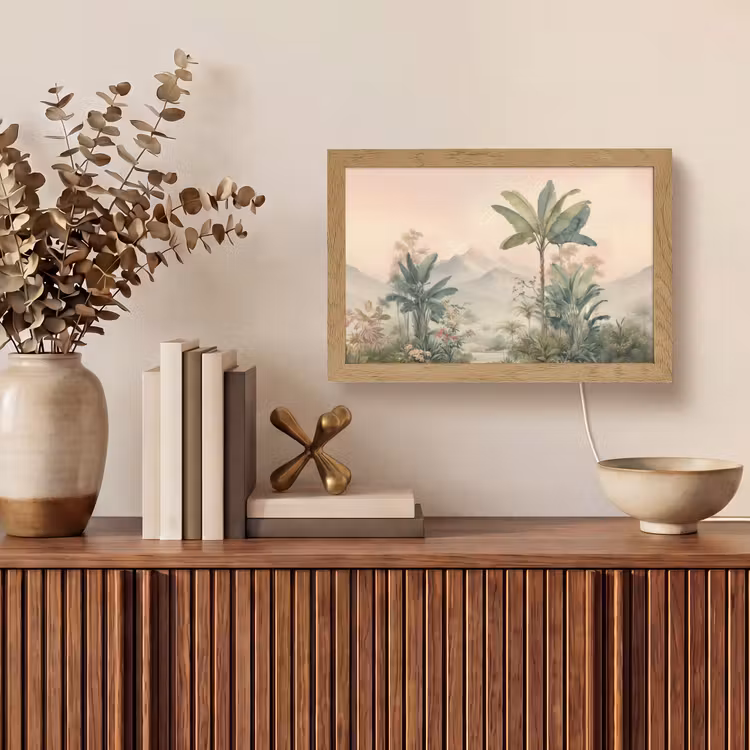 Tropisch landschap - palmbomen - Bloemen - Roze lucht Light Box met kabel (Tafellamp) klein -sfeer2