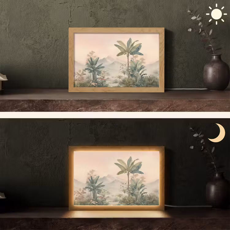 Tropisch landschap - palmbomen - Bloemen - Roze lucht Light Box met kabel (Tafellamp) klein -sfeer3