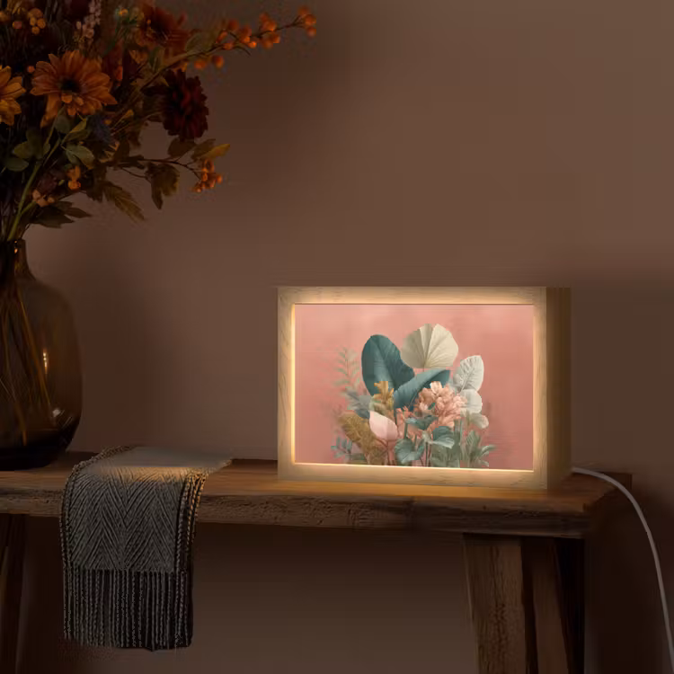 Tropische bladeren - Bloemen - Roze - groen Light Box met kabel (Tafellamp) klein -sfeer4
