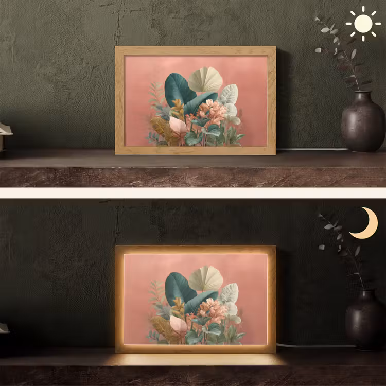 Tropische bladeren - Bloemen - Roze - groen Light Box met kabel (Tafellamp) klein -sfeer3