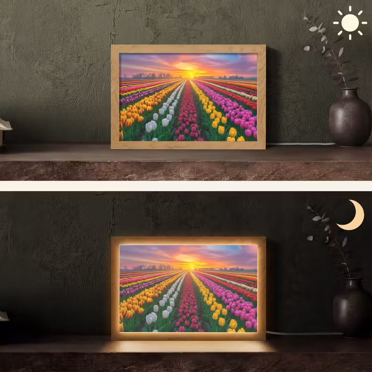Tulpenveld - Zonsondergang - Kleurrijk Light Box met kabel (Tafellamp) klein -sfeer3