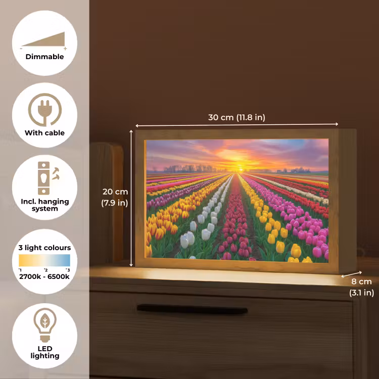 Tulpenveld - Zonsondergang - Kleurrijk Light Box met kabel (Tafellamp) klein -USP_EN