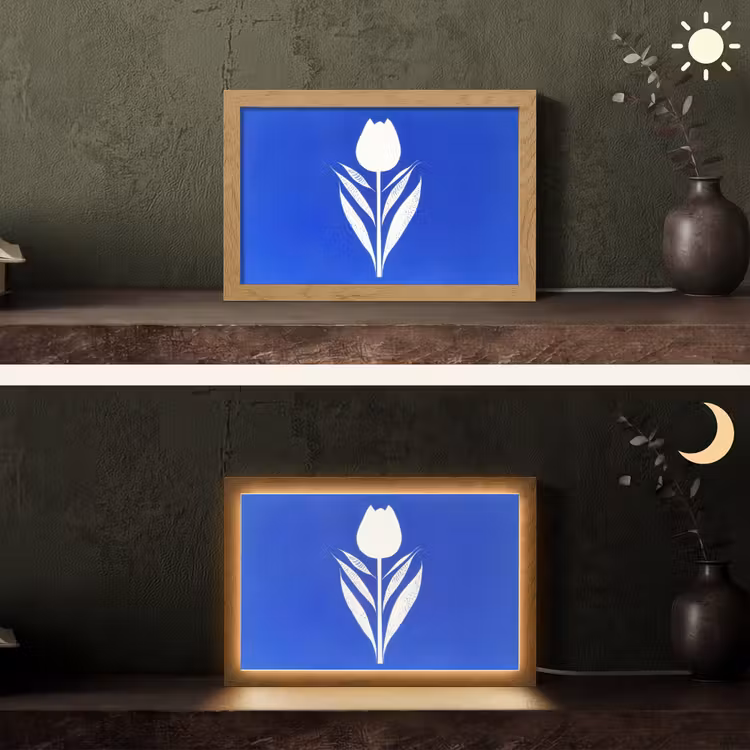 Tulp - Minimalistisch - Bladeren - Wit Light Box met kabel (Tafellamp) klein -sfeer3