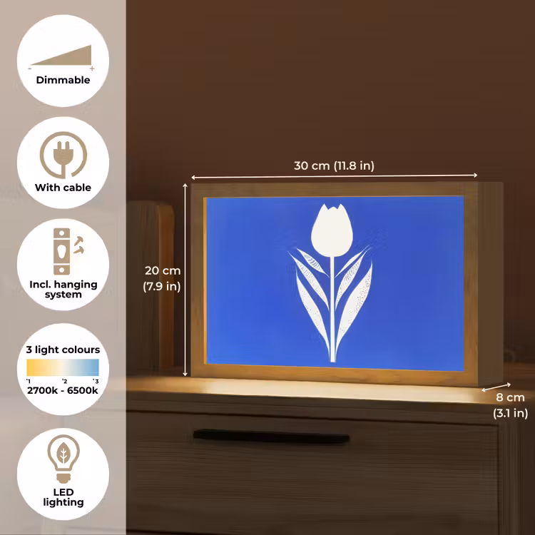Tulp - Minimalistisch - Bladeren - Wit Light Box met kabel (Tafellamp) klein -USP_EN