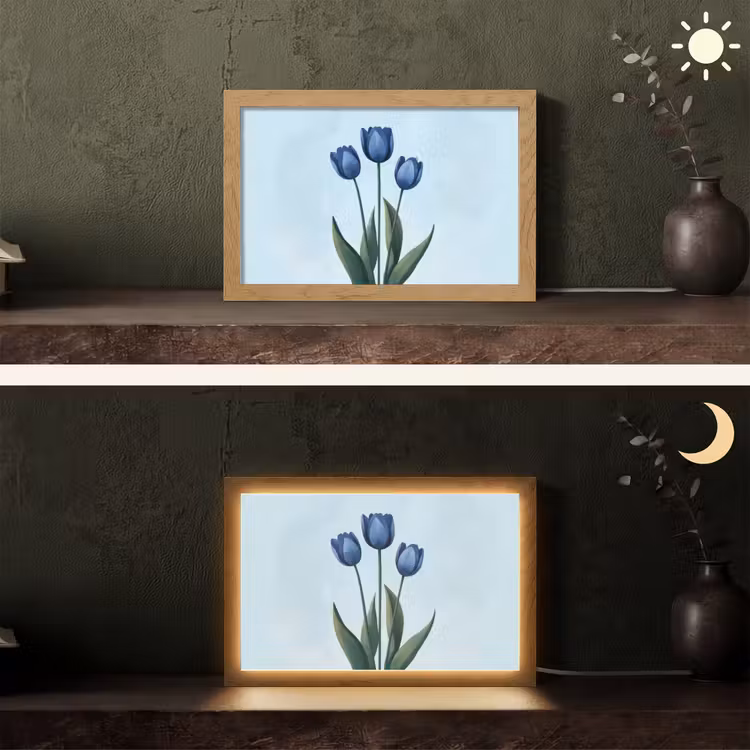 Tulpen - Blauw - Bladeren Light Box met kabel (Tafellamp) klein -sfeer3