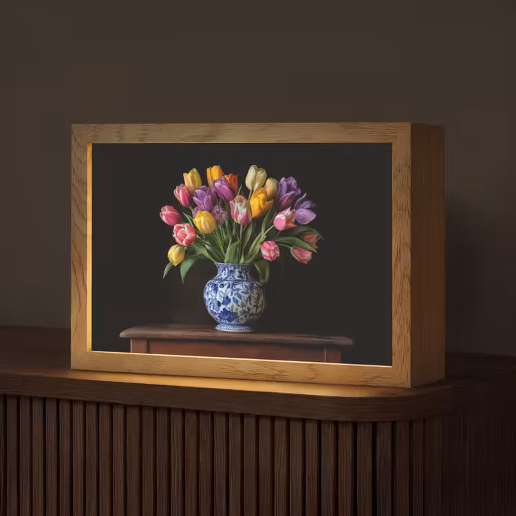 Tulpen - Kleuren - Hout - Vaas Light Box met kabel (Tafellamp) klein -z3d_website
