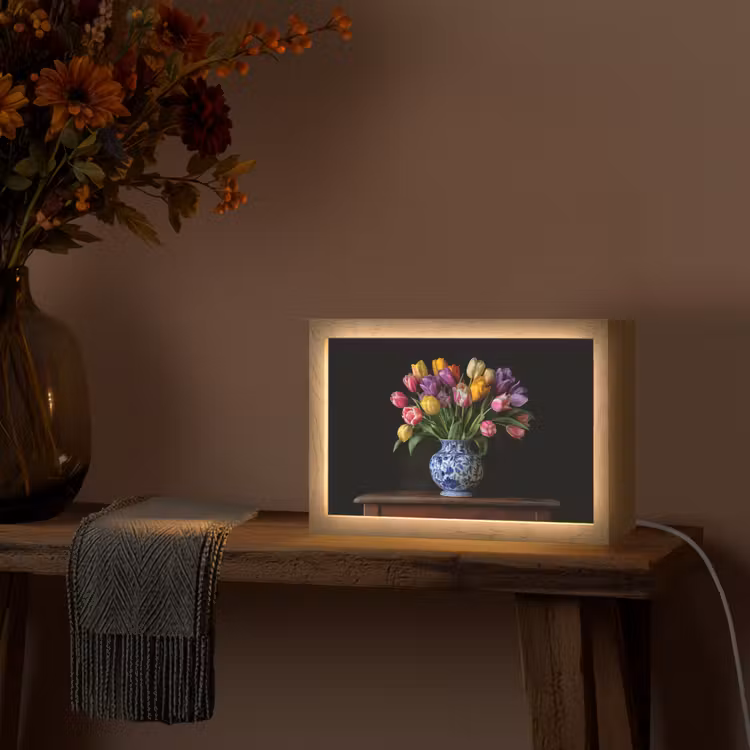 Tulpen - Kleuren - Hout - Vaas Light Box met kabel (Tafellamp) klein -sfeer4