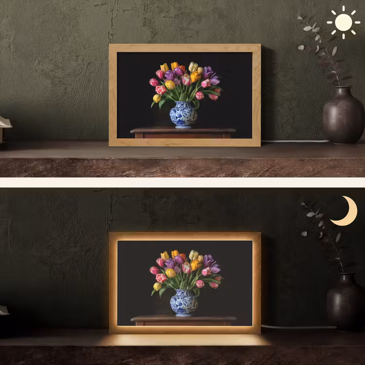 Tulpen - Kleuren - Hout - Vaas Light Box met kabel (Tafellamp) klein -sfeer3