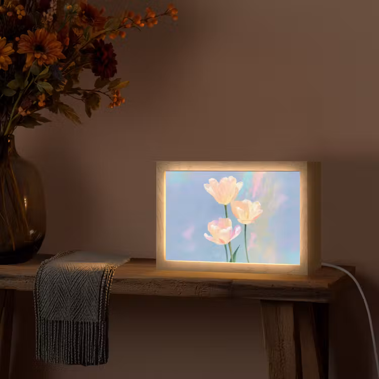 Tulpen - Roze accenten - Blauw Light Box met kabel (Tafellamp) klein -sfeer4