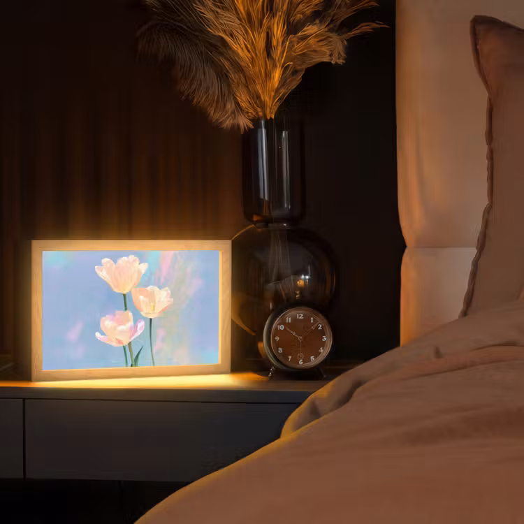 Tulpen - Roze accenten - Blauw Light Box met kabel (Tafellamp) klein -sfeer1