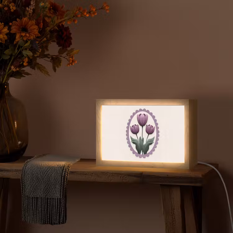 Tulpen - Paars - Lijst - Bladeren Light Box met kabel (Tafellamp) klein -sfeer4
