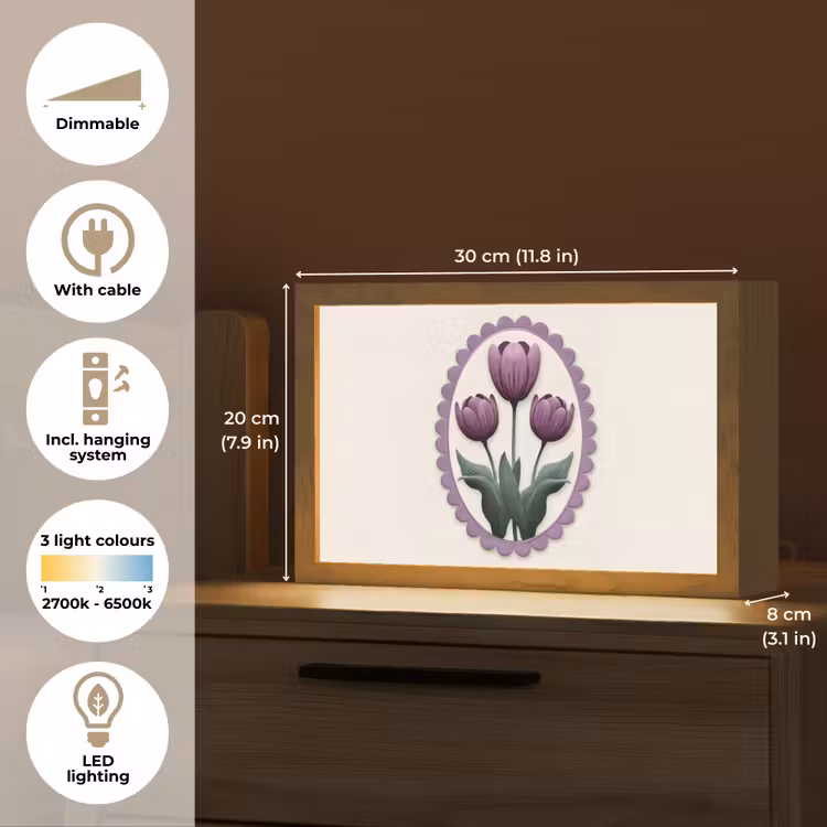 Tulpen - Paars - Lijst - Bladeren Light Box met kabel (Tafellamp) klein -USP_EN