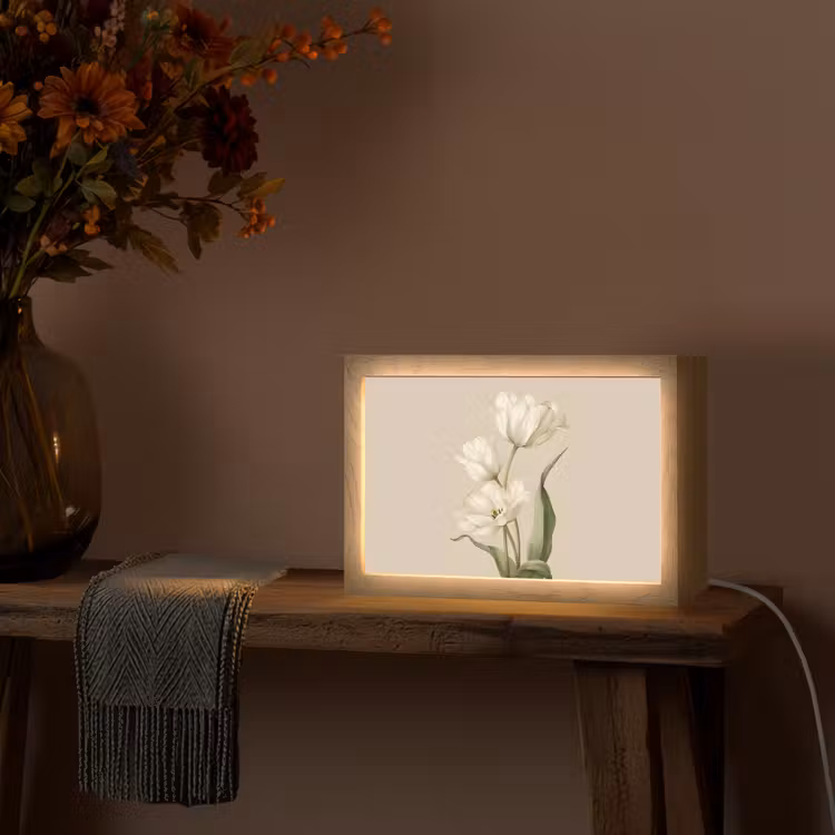 Tulpen - Wit - Bladeren Light Box met kabel (Tafellamp) klein -sfeer4