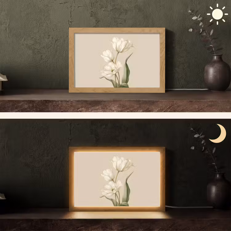 Tulpen - Wit - Bladeren Light Box met kabel (Tafellamp) klein -sfeer3