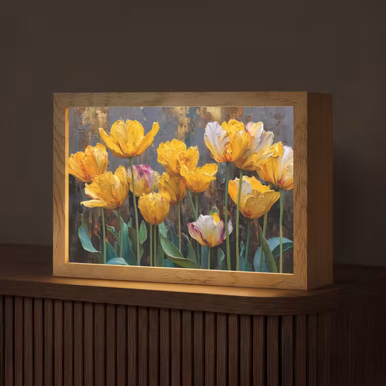 Tulpen - Geel - Penseelstreken - Abstract Light Box met kabel (Tafellamp) klein -z3d_website