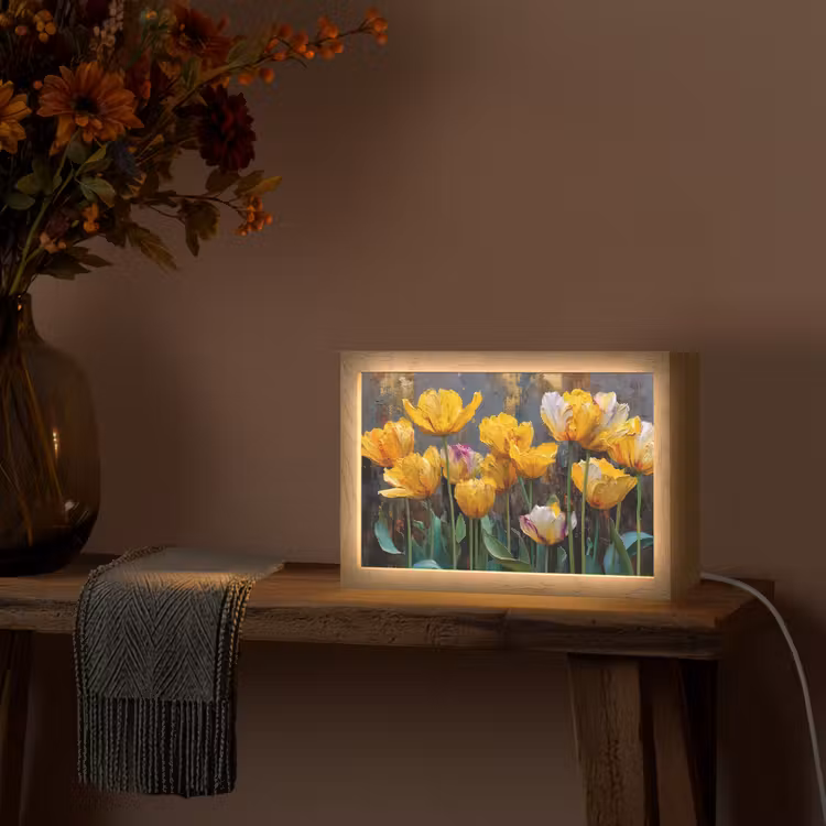 Tulpen - Geel - Penseelstreken - Abstract Light Box met kabel (Tafellamp) klein -sfeer4