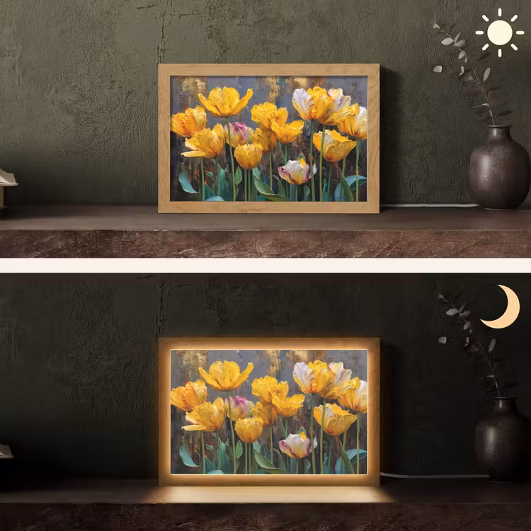 Tulpen - Geel - Penseelstreken - Abstract Light Box met kabel (Tafellamp) klein -sfeer3