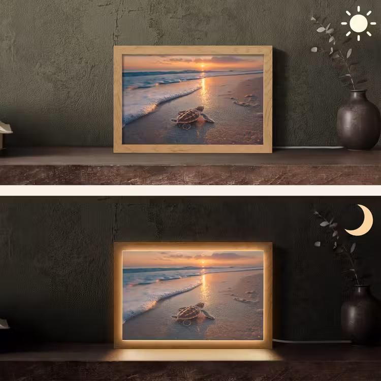 Schildpad - strand - Zonsondergang Light Box met kabel (Tafellamp) klein -sfeer3
