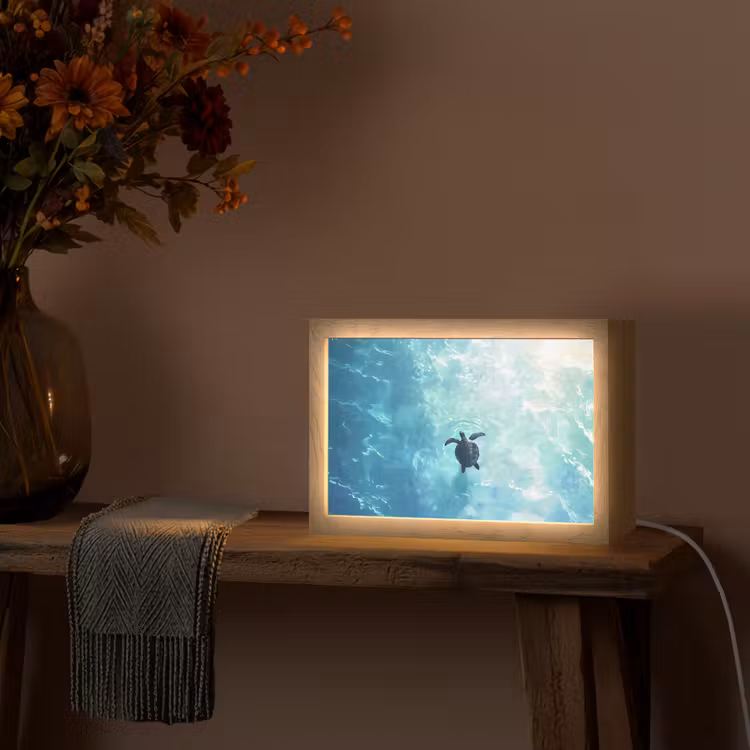 Schildpad - Zee - Blauw - Schittering Light Box met kabel (Tafellamp) klein -sfeer4