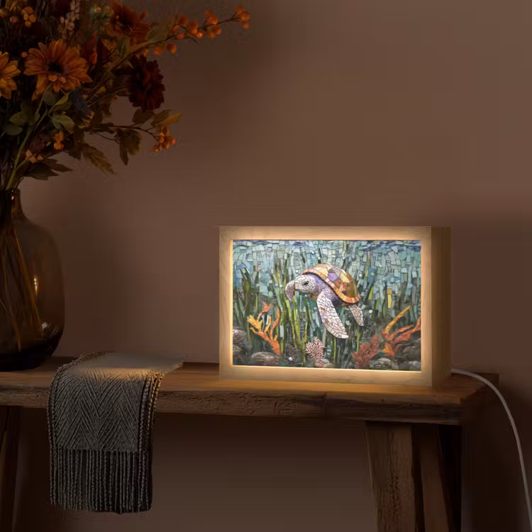 Schildpad - Zeewier - Mozaïek Light Box met kabel (Tafellamp) klein -sfeer4
