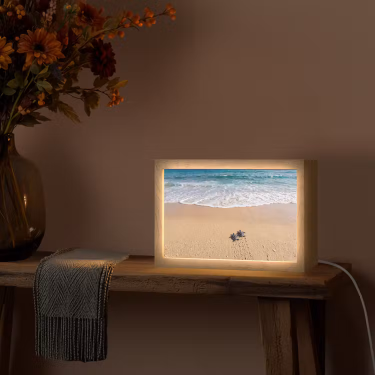 Schildpad - Jong - Strand - Oceaan - Blauw Light Box met kabel (Tafellamp) klein -sfeer4