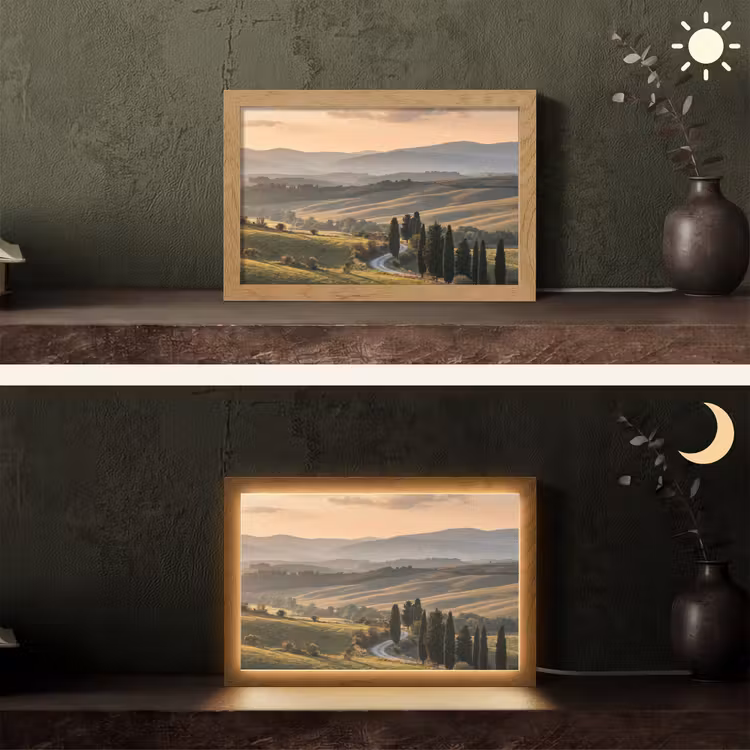 Toscaans - Landschap - Heuvels Light Box met kabel (Tafellamp) klein -sfeer3