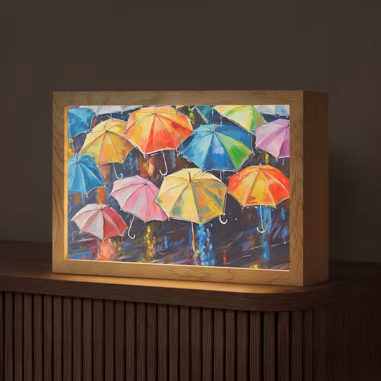 Paraplu's - Schilderij - Kunst - Regenboog Light Box met kabel (Tafellamp) klein -z3d_website