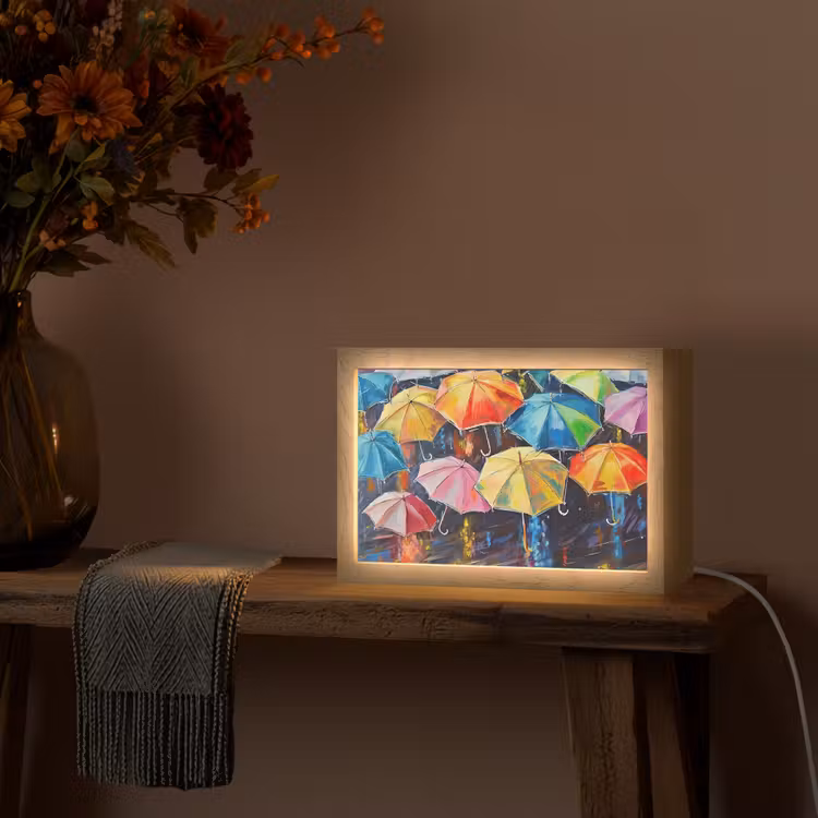 Paraplu's - Schilderij - Kunst - Regenboog Light Box met kabel (Tafellamp) klein -sfeer4