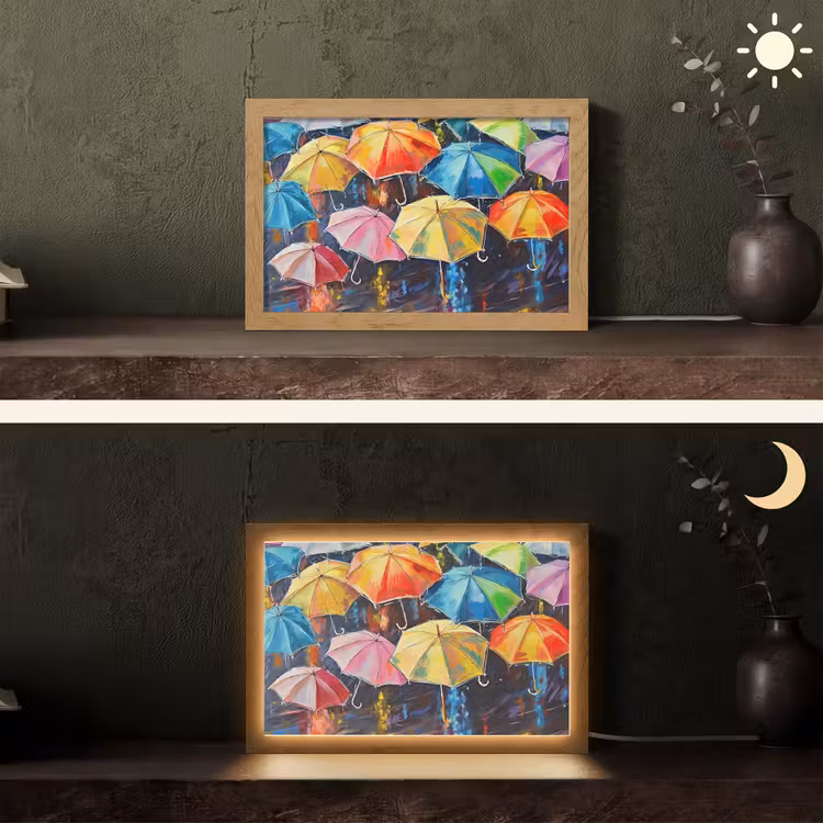 Paraplu's - Schilderij - Kunst - Regenboog Light Box met kabel (Tafellamp) klein -sfeer3