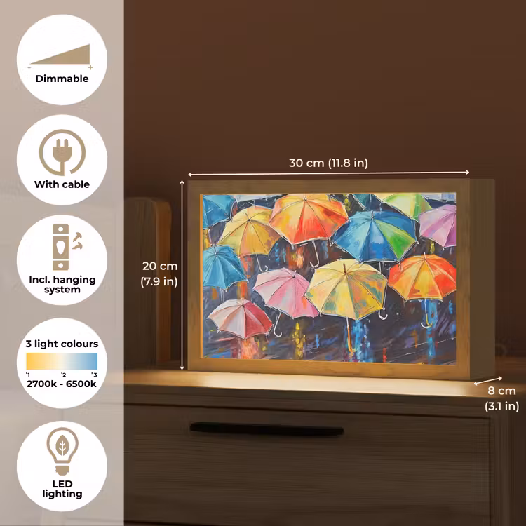 Paraplu's - Schilderij - Kunst - Regenboog Light Box met kabel (Tafellamp) klein -USP_EN