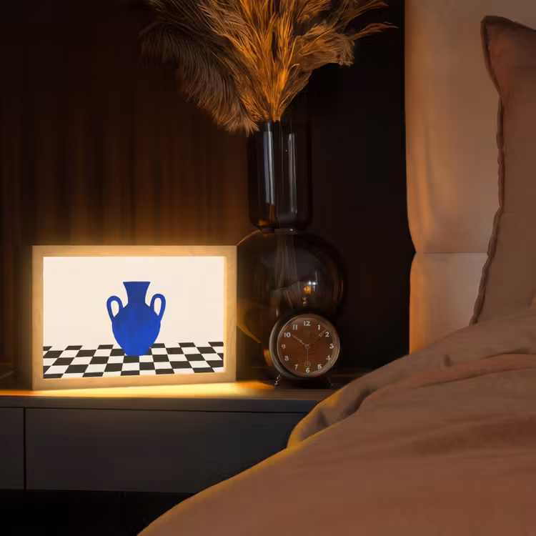 Vaas - Blauw - Geblokt - Modern Light Box met kabel (Tafellamp) klein -sfeer1