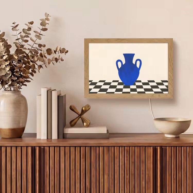 Vaas - Blauw - Geblokt - Modern Light Box met kabel (Tafellamp) klein -sfeer2