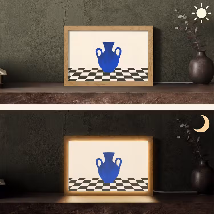 Vaas - Blauw - Geblokt - Modern Light Box met kabel (Tafellamp) klein -sfeer3