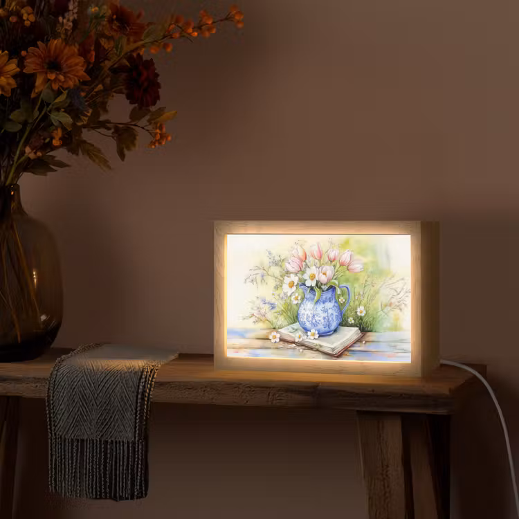 Vaas - Delftsblauw - Madeliefjes Light Box met kabel (Tafellamp) klein -sfeer4