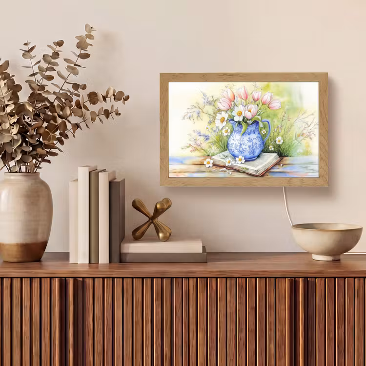 Vaas - Delftsblauw - Madeliefjes Light Box met kabel (Tafellamp) klein -sfeer2