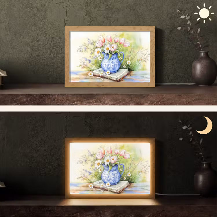 Vaas - Delftsblauw - Madeliefjes Light Box met kabel (Tafellamp) klein -sfeer3