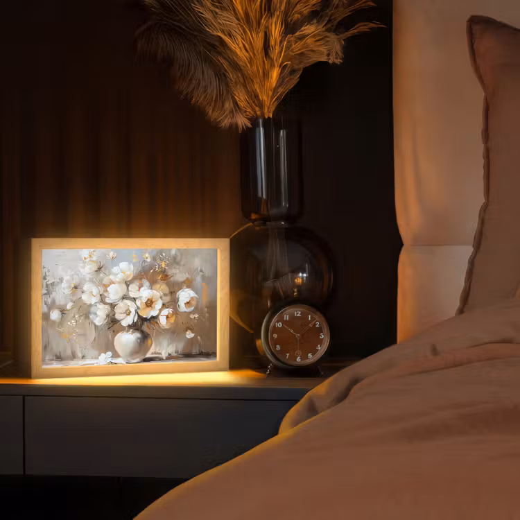 Vaas - Bloemen - Kunst - Goud Light Box met kabel (Tafellamp) klein -sfeer1