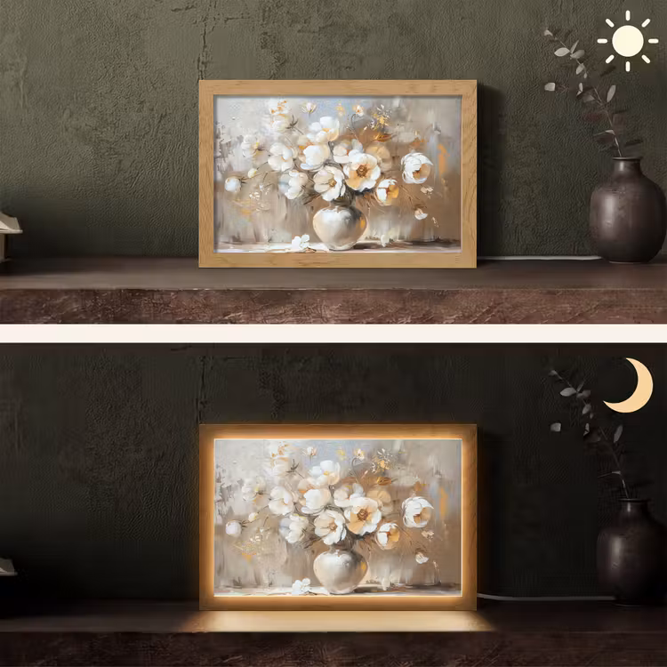 Vaas - Bloemen - Kunst - Goud Light Box met kabel (Tafellamp) klein -sfeer3