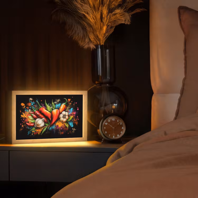 Groente - Peper - Knoflook - Graffiti - Verf - Kleurrijk Light Box met kabel (Tafellamp) klein -sfeer1