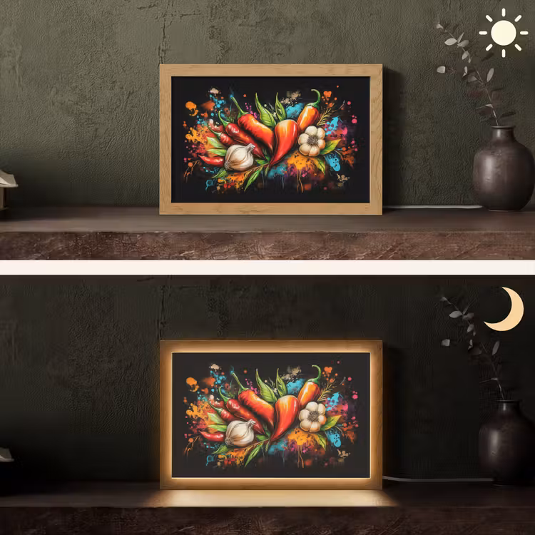 Groente - Peper - Knoflook - Graffiti - Verf - Kleurrijk Light Box met kabel (Tafellamp) klein -sfeer3